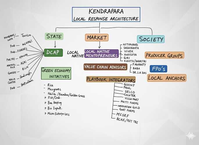 Kendrapara Local Response Architecture, mapping State, Market and Society actors with Mentopreneurs, Value Chain Advisors, and Playbook Integrators