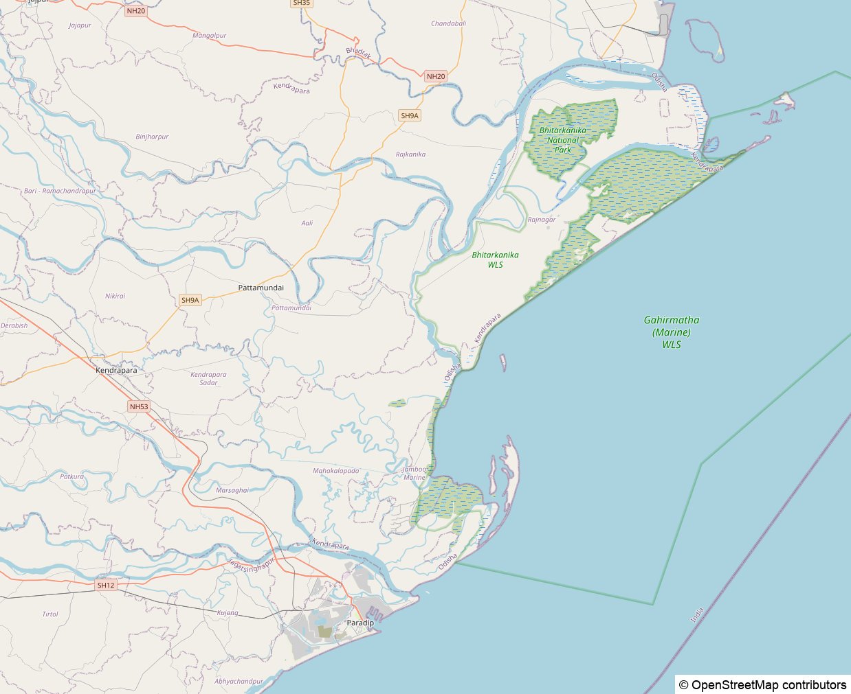 Map of Kendrapara district showing the Brahmani river, distributaries, Bhitarkanika National Park and Wildlife Sanctuary, Gahirmatha Marine Sanctuary, and the Bay of Bengal coastline